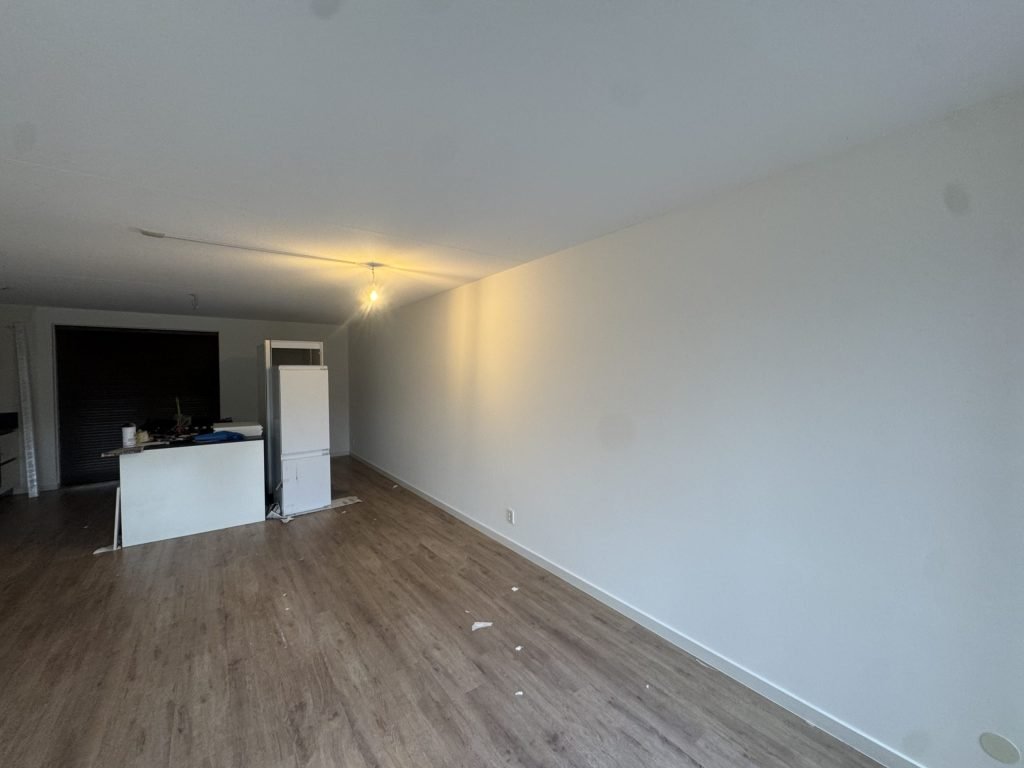 Lange woonkamer met laminaat, een witte wand over de volle lengte en de keuken achterin